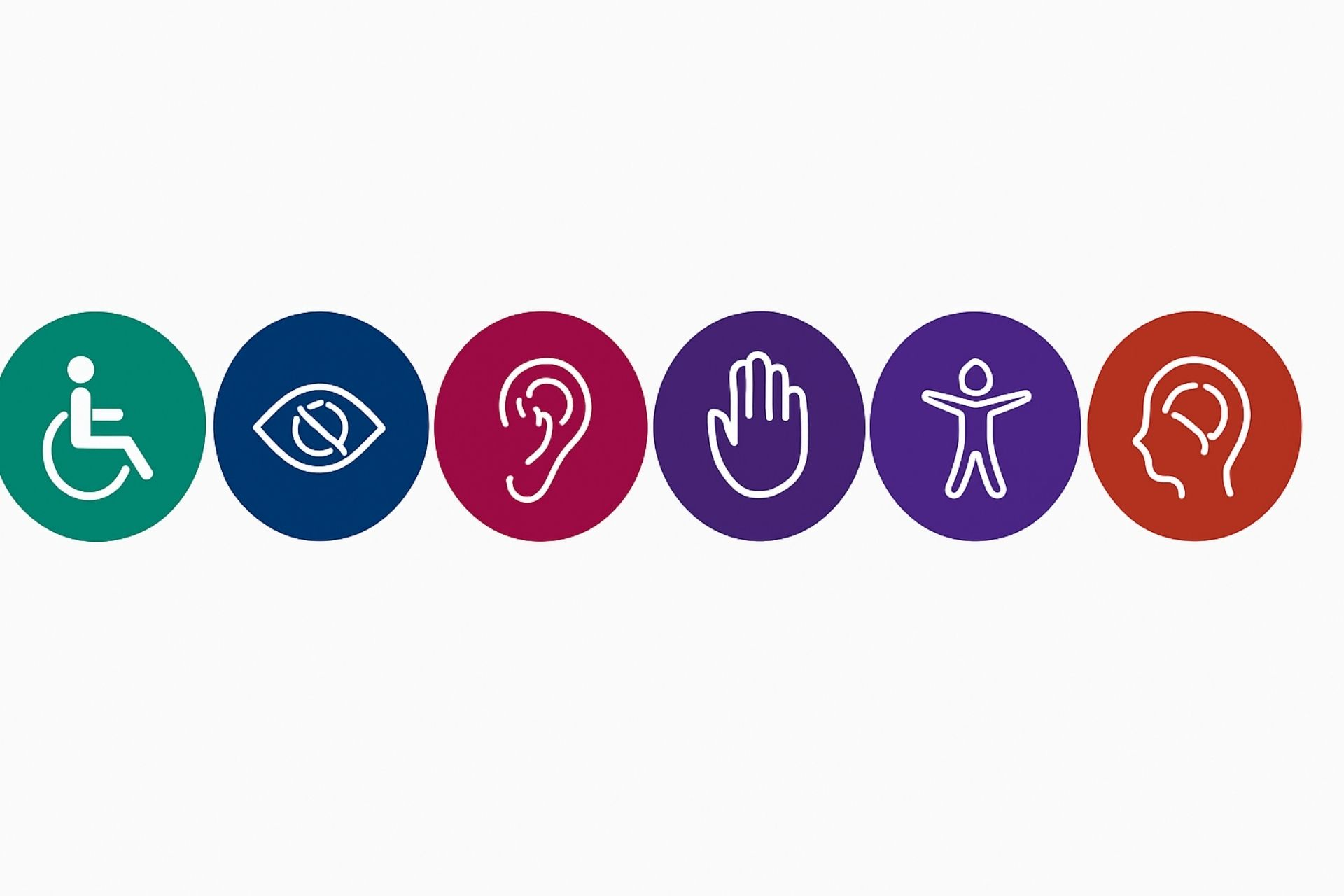 An image featuring six circular icons: a wheelchair user symbol, an eye with a slash for visual impairment, an ear for hearing accessibility, a raised hand for touch or interaction accessibility, a human figure with outstretched arms representing mobility or universal access, and a head with a brain icon representing cognitive accessibility.