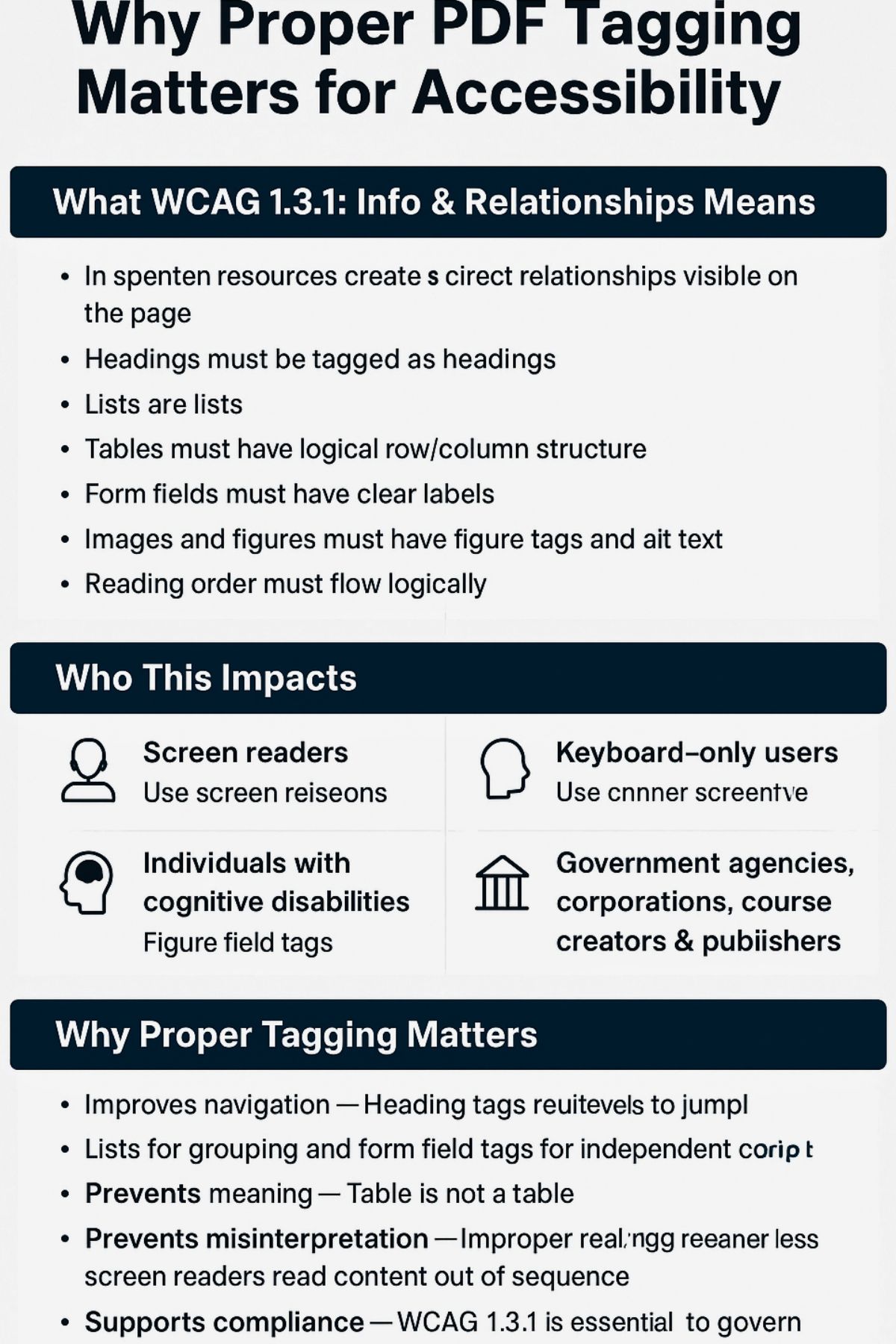 Infographic summarizing why proper PDF tagging matters for accessibility, explaining WCAG 1.3.1 requirements such as tagging headings, lists, tables, forms, and images, and highlighting the benefits for screen reader users, people with disabilities, and organizations.