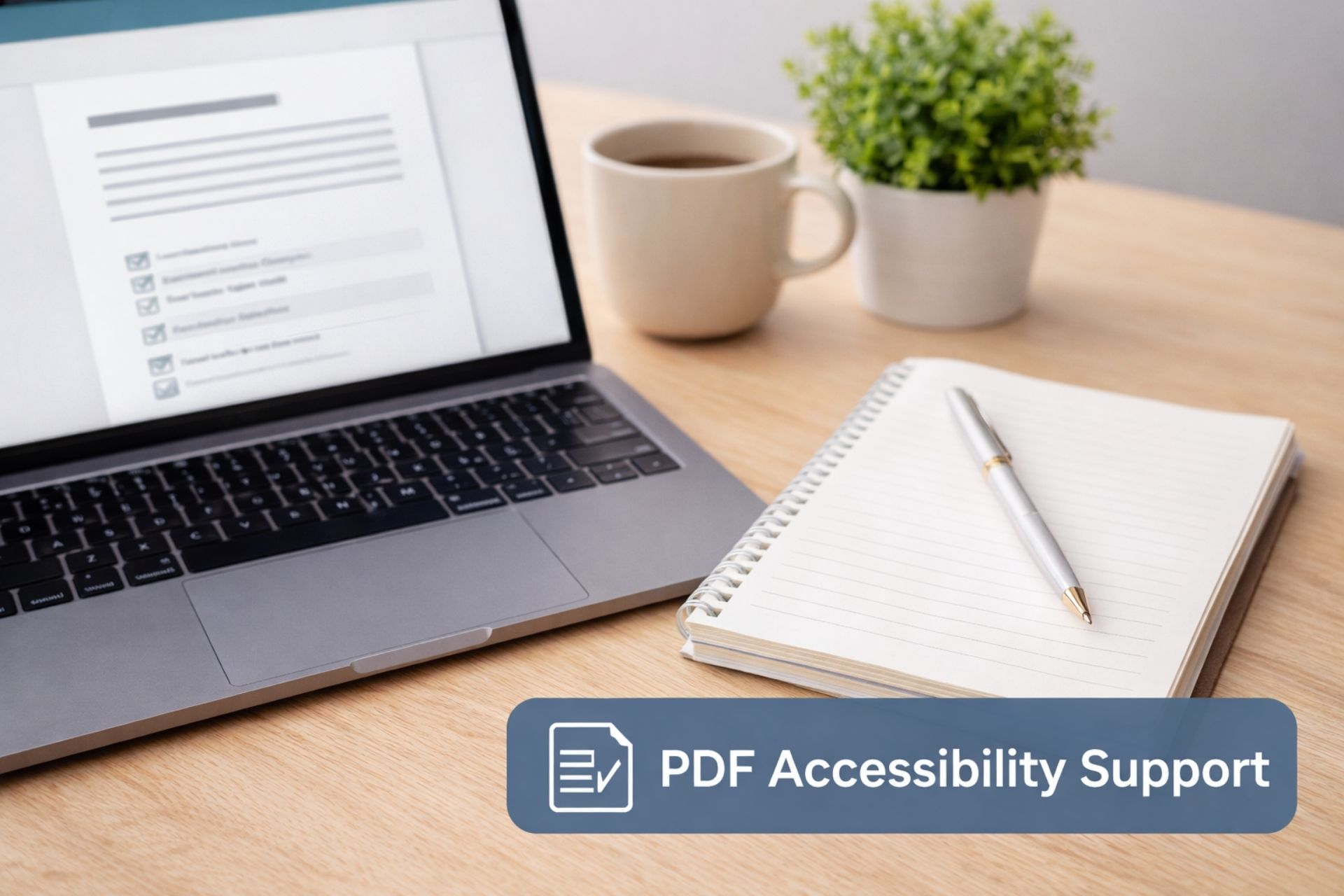 “Open laptop displaying a document on a clean desk beside a notebook, pen, coffee mug, and small plant, representing PDF accessibility support for existing documents.