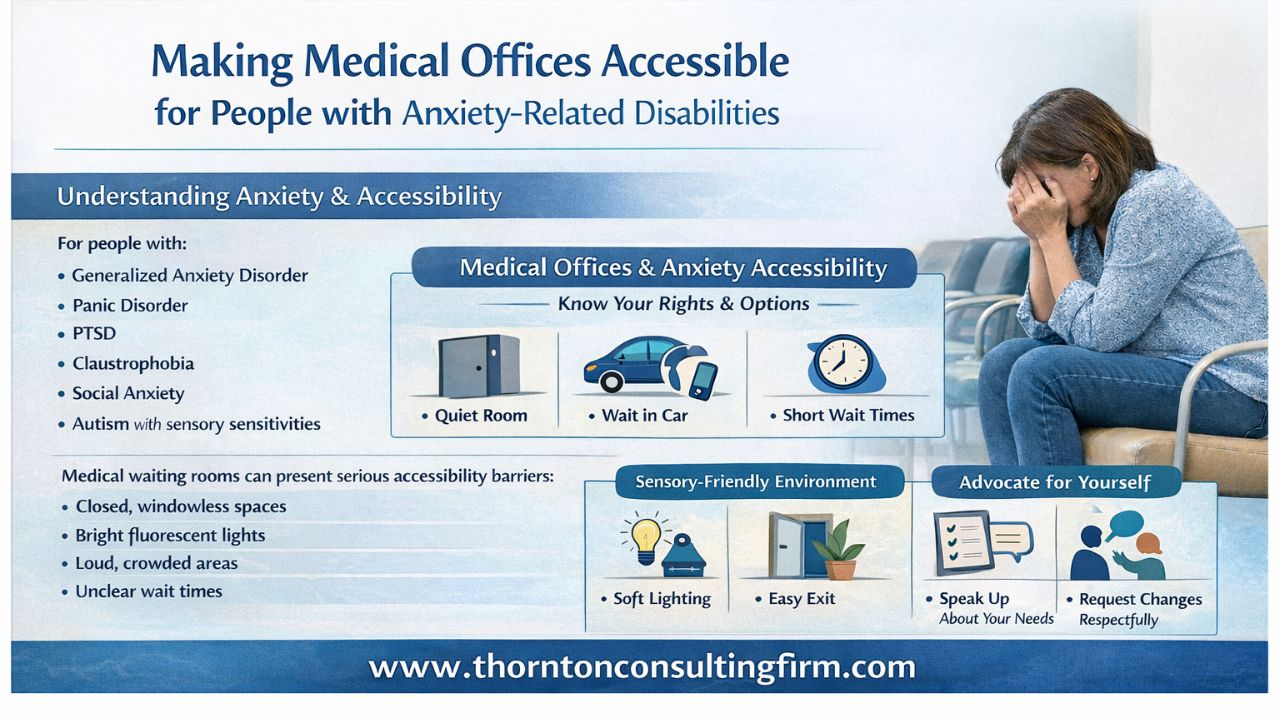 Infographic titled “Making Medical Offices Accessible for People with Anxiety-Related Disabilities” showing accessibility considerations for patients with anxiety, PTSD, claustrophobia, and sensory sensitivities. The image highlights barriers in medical waiting rooms, anxiety-friendly accommodations such as quiet rooms, waiting in a car, and shorter wait times, sensory-friendly features like soft lighting and easy exits, and self-advocacy tips. A photo of a woman sitting in a medical waiting room with her head in her hands illustrates anxiety. The website www.thorntonconsultingfirm.com appears at the bottom.