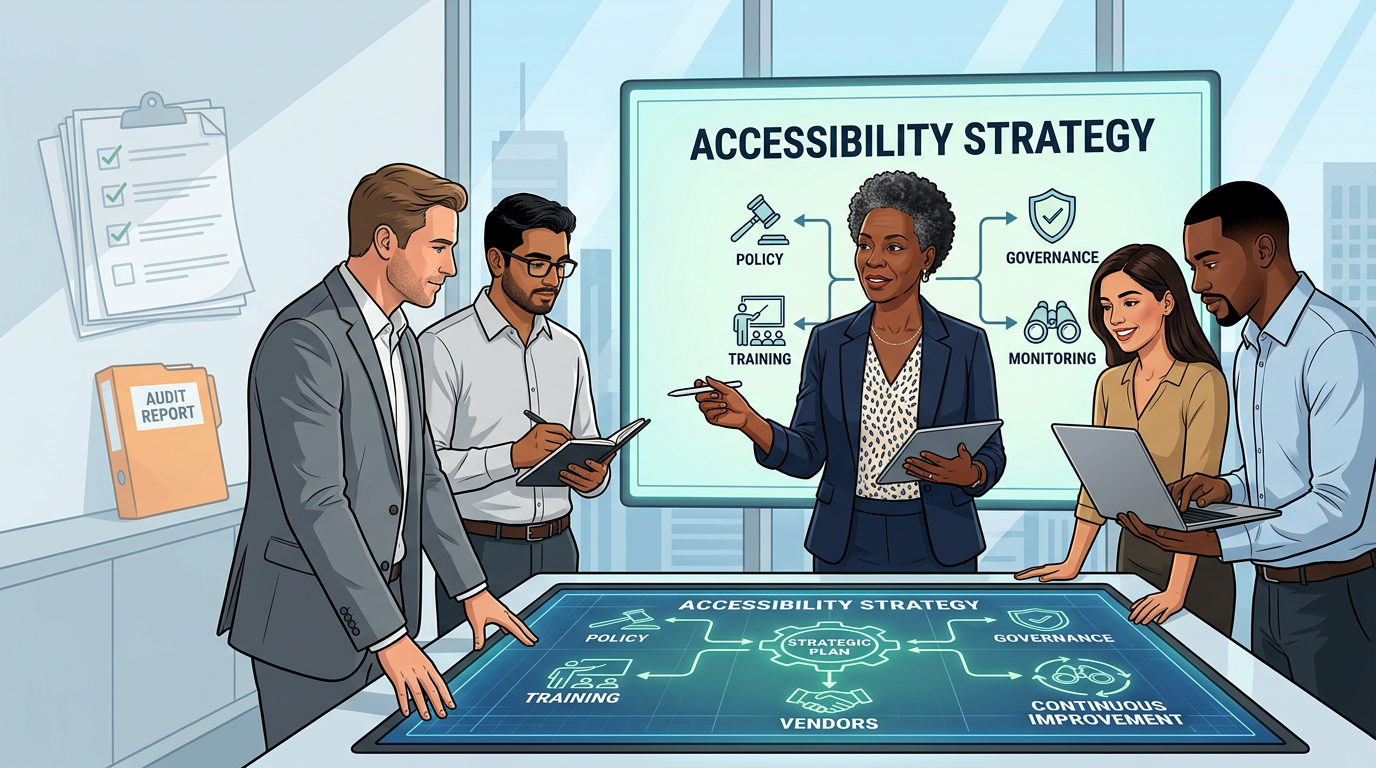 illustration of a diverse group of professionals gathered around a large digital screen labeled ‘Accessibility Strategy,’ with a Black woman leader over 50 at the center. The screen shows connected icons for policy, training, governance, monitoring, vendors, and continuous improvement, while faded checklists and an ‘Audit Report’ folder sit in the background, emphasizing that ADA compliance requires an ongoing strategy, not just a one-time audit.